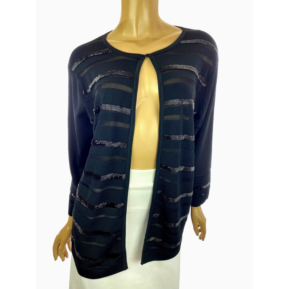 Grace Dane Lewis Sz 1X Black Cardigan Sweater Black Beads in Stripes 3/4 Sleeve